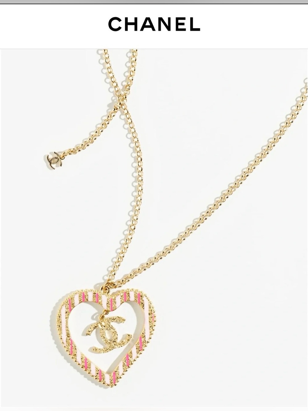CHANEL 24P Enamel CC Textured Heart Pendant Necklace in Pink and Gold (NWT, Box)